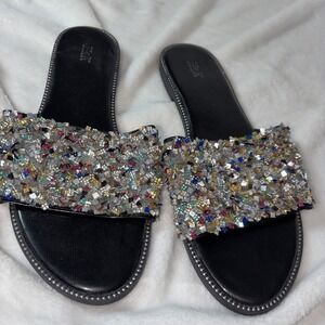 Women's Rhinestone Glitter Bling Flat Slide Sandal Shoes Size 10